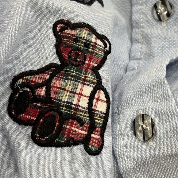 Vintage 90s Denim Republic Size XL Blue Embroidered Teddy Bear Plaid Shirt - Picture 4 of 5